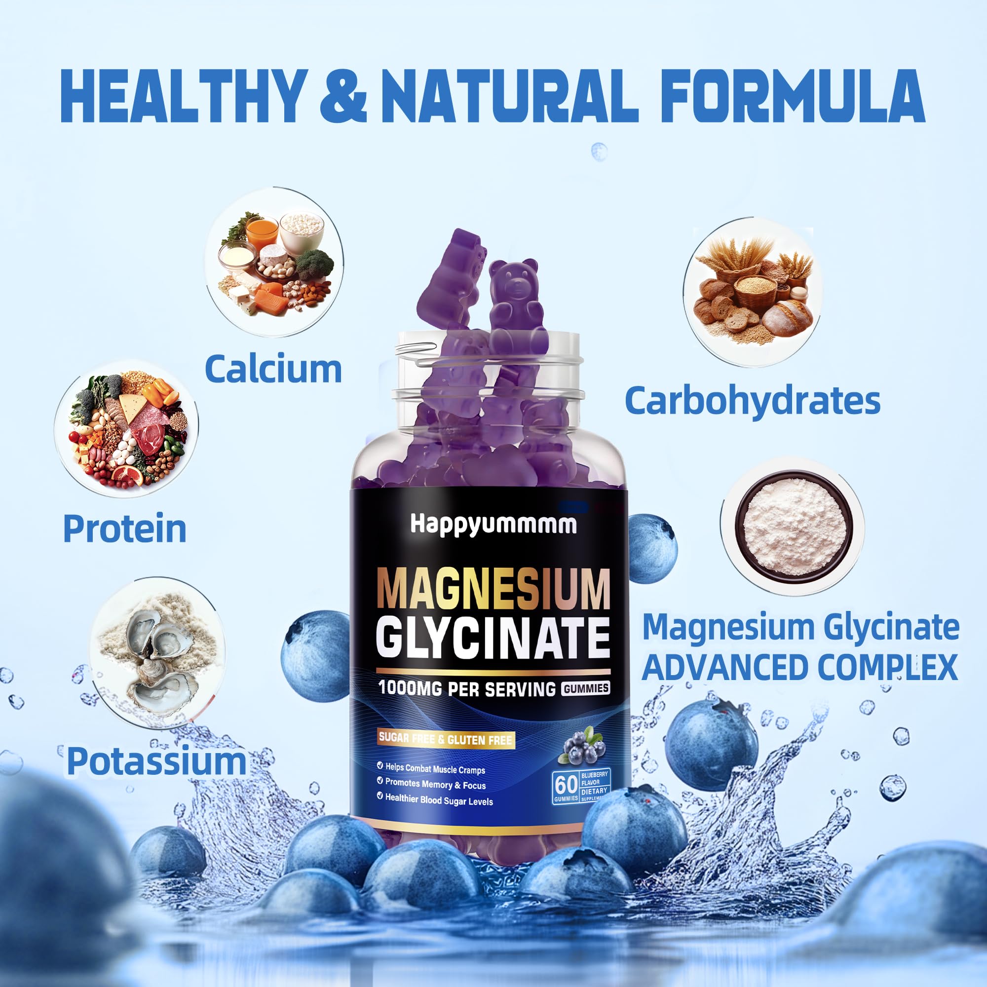 Happyummmm blueberry gummies package highlighting sugar-free formula for a clean daily routine