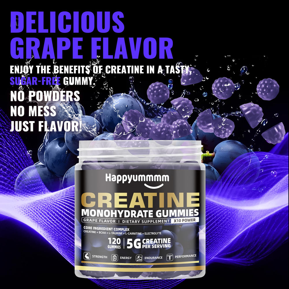 Happyummmm creatine gummies 5g dose emphasizes consistent performance with each bite.