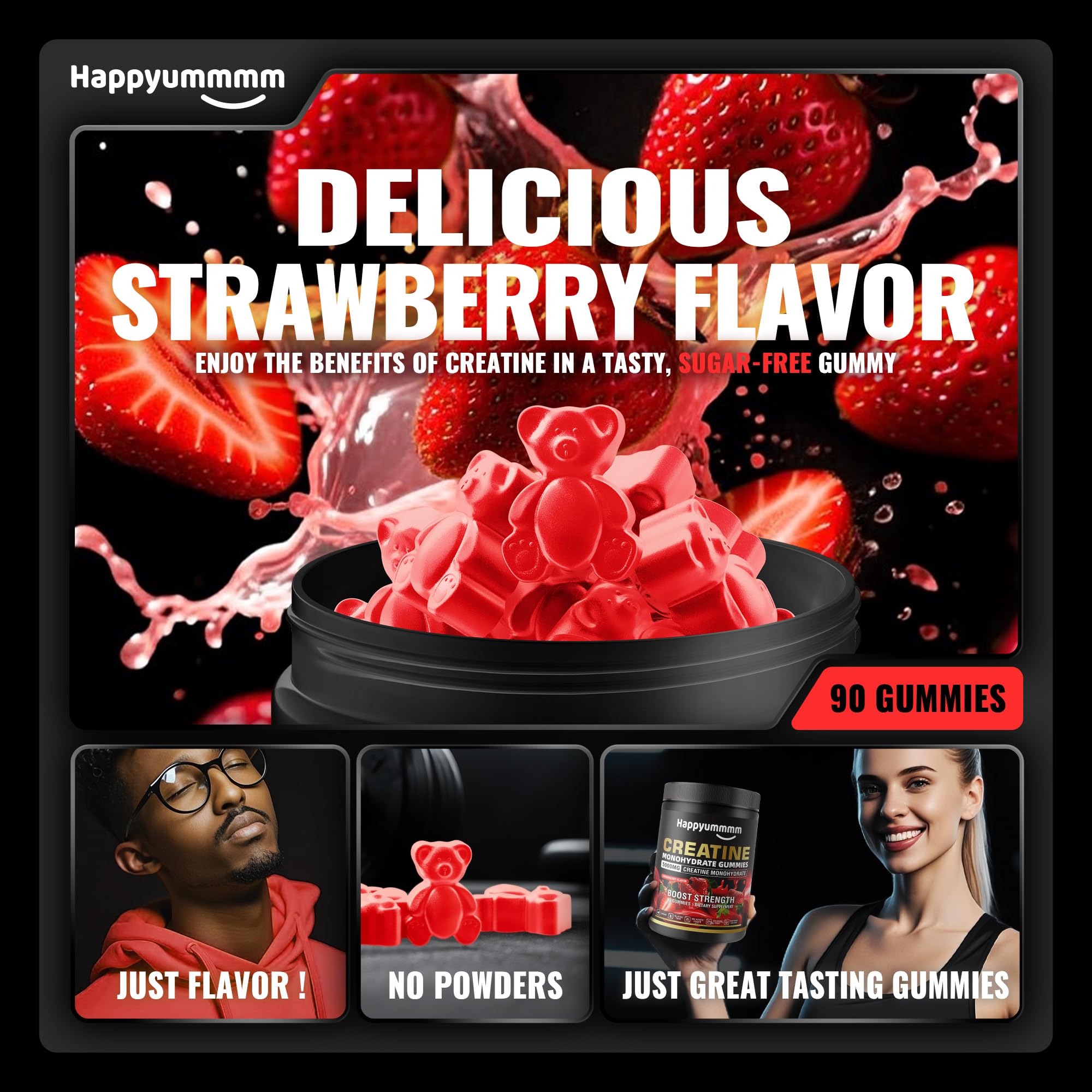 Happyummmm Creatine Gummies ingredient list emphasizes traceable creatine monohydrate supply.