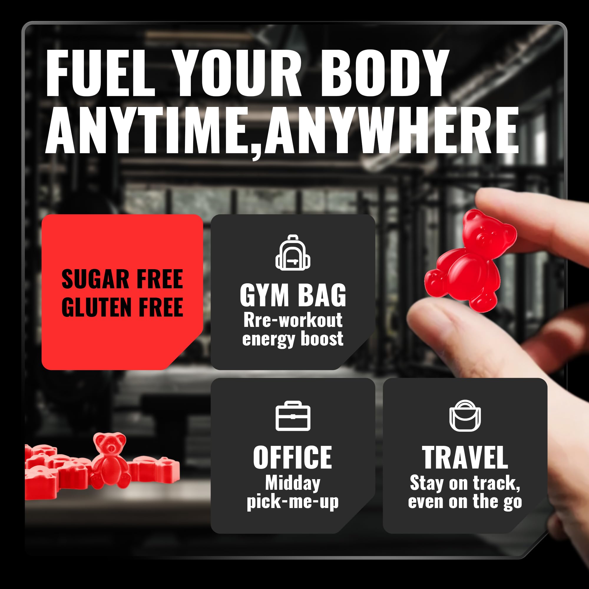 Happyummmm Creatine Gummies on-the-go scene for workouts and quick mental clarity.