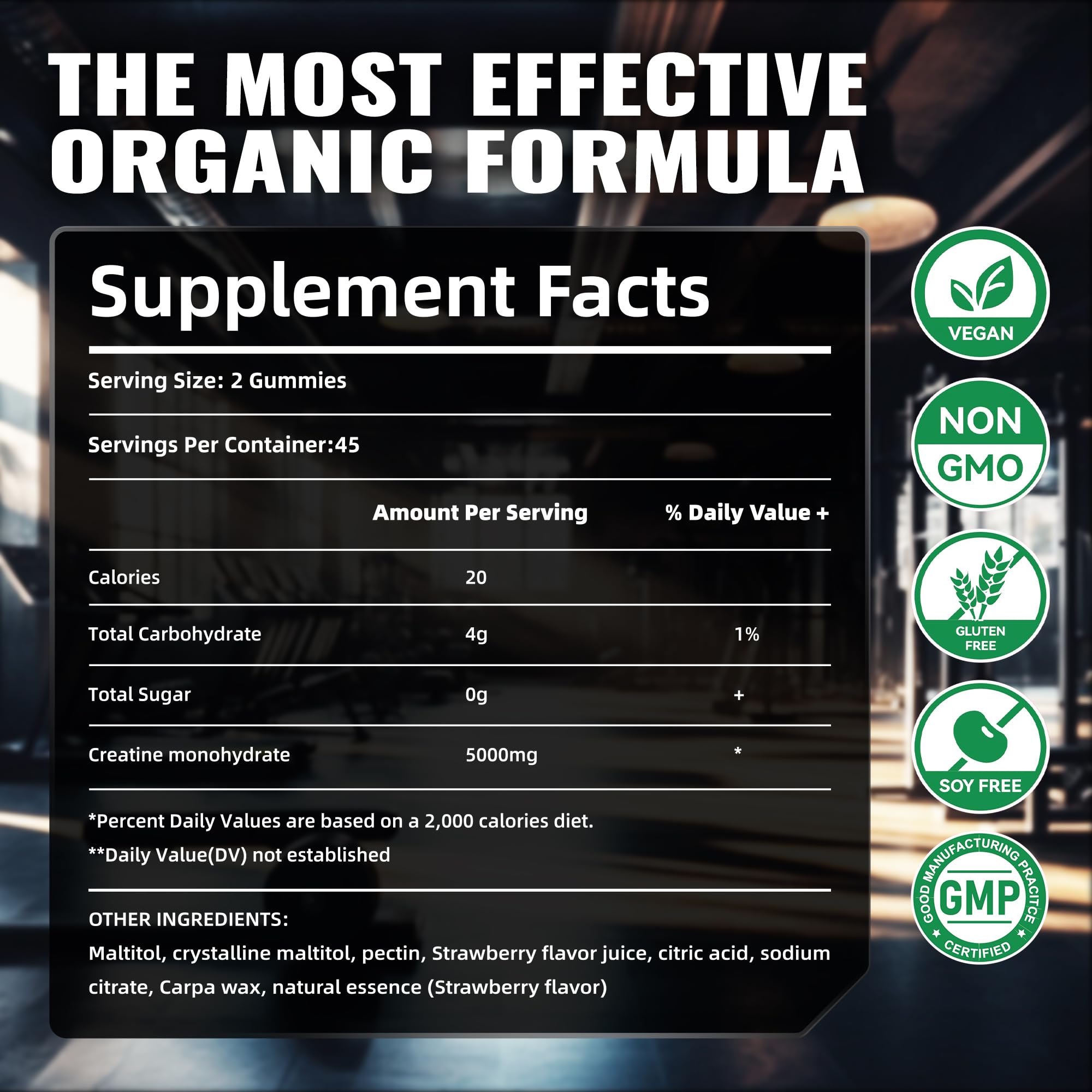 Happyummmm Creatine Gummies pack shot shows 90-count bottle for convenient everyday use.