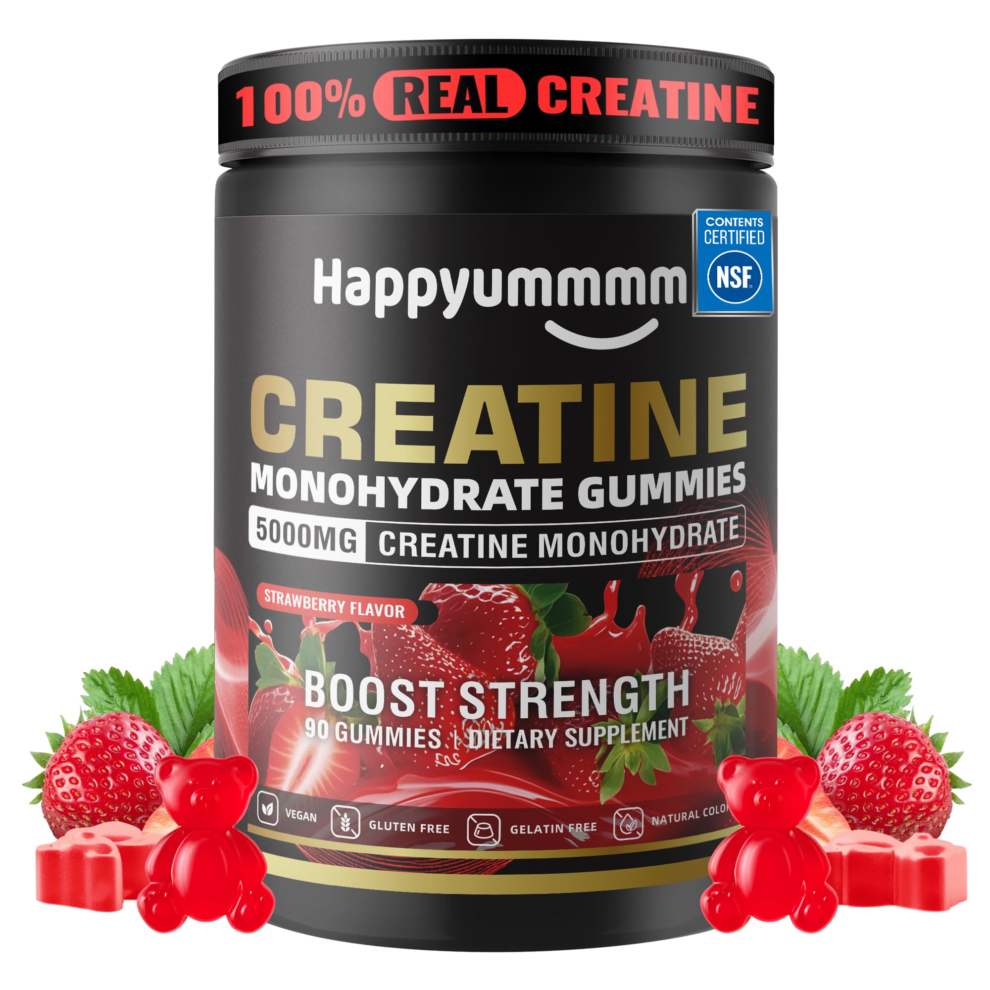 Happyummmm Creatine Gummies bottle with strawberry flavor for daily strength and focus.