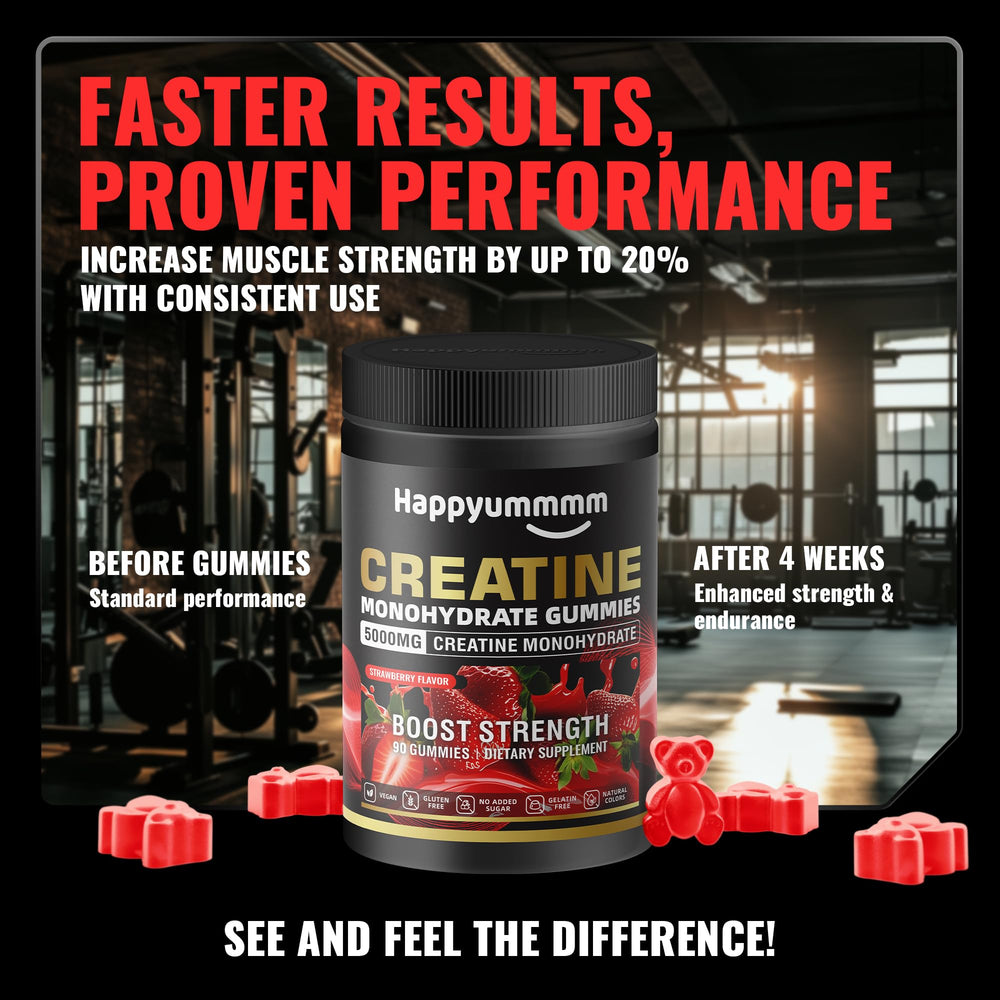 Happyummmm Creatine Gummies packaging highlights vegan, gluten-free, non-GMO formula.