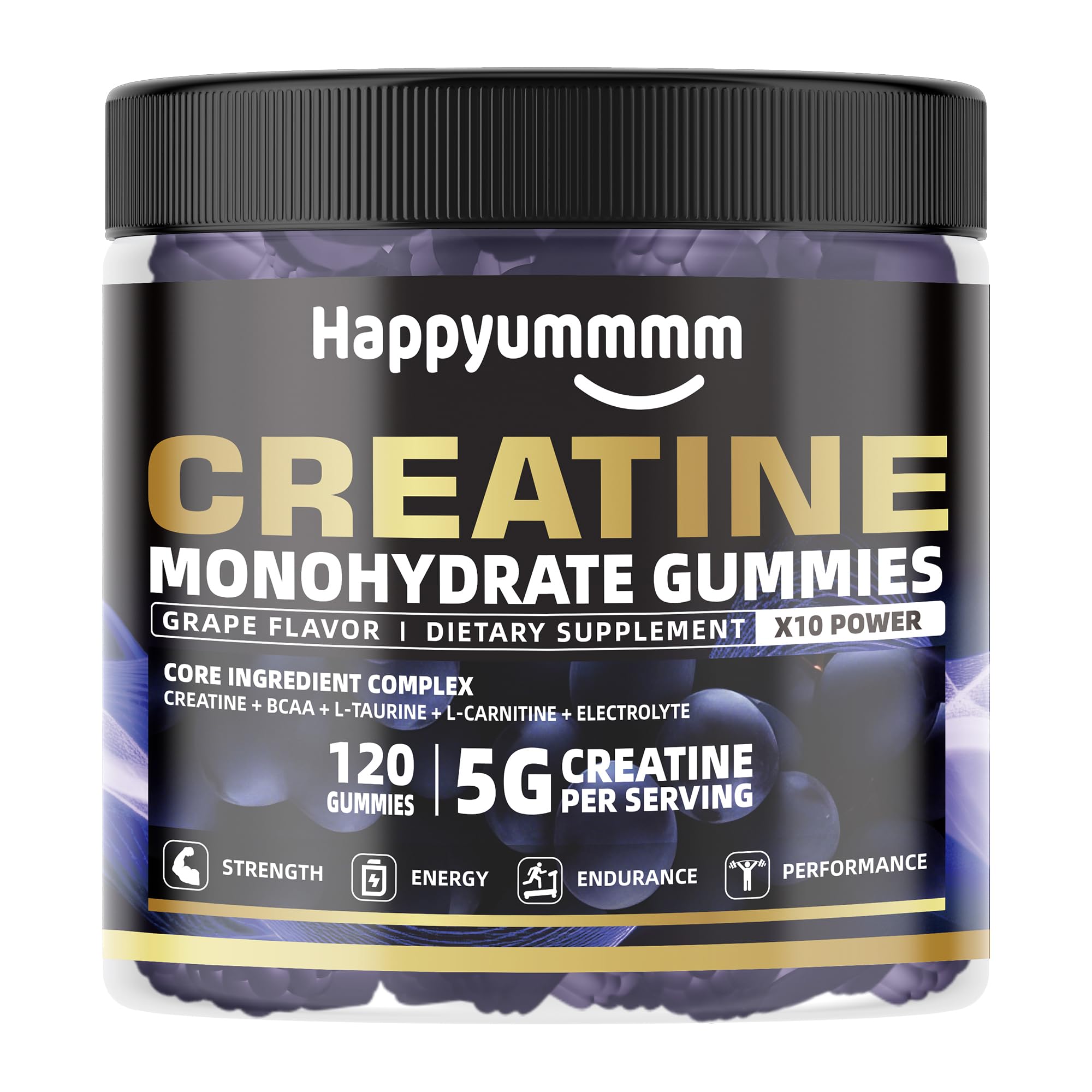 Happyummmm creatine gummies grape 120ct packaging indicates value and long-term supply.