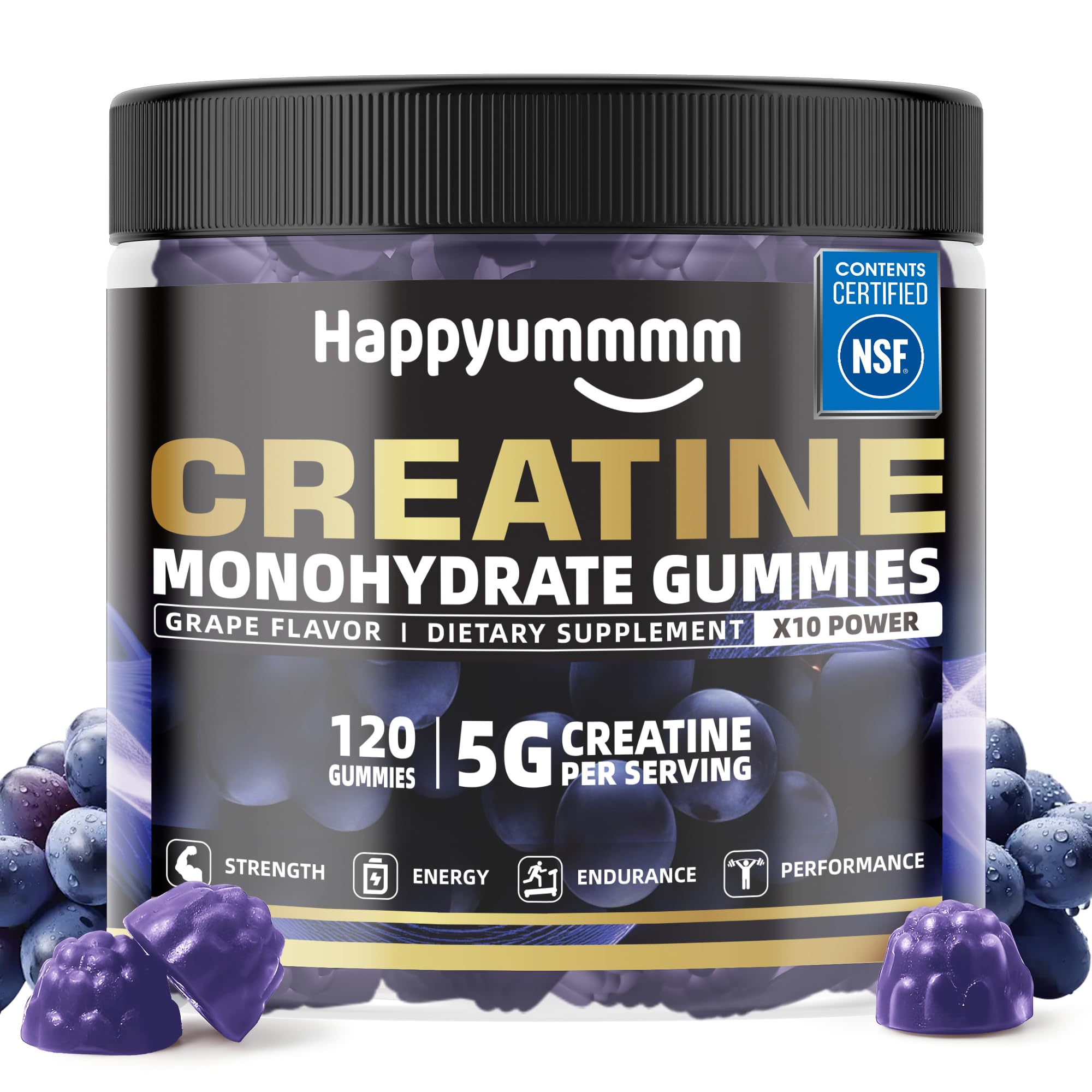 Happyummmm creatine gummies grape bottle boosts daily focus and endurance.
