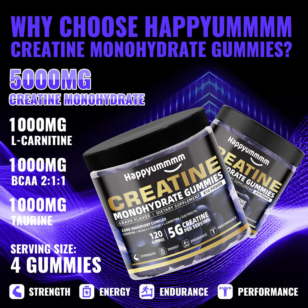 Happyummmm creatine gummies grape closeup shows tasty 5g dose per gummy.