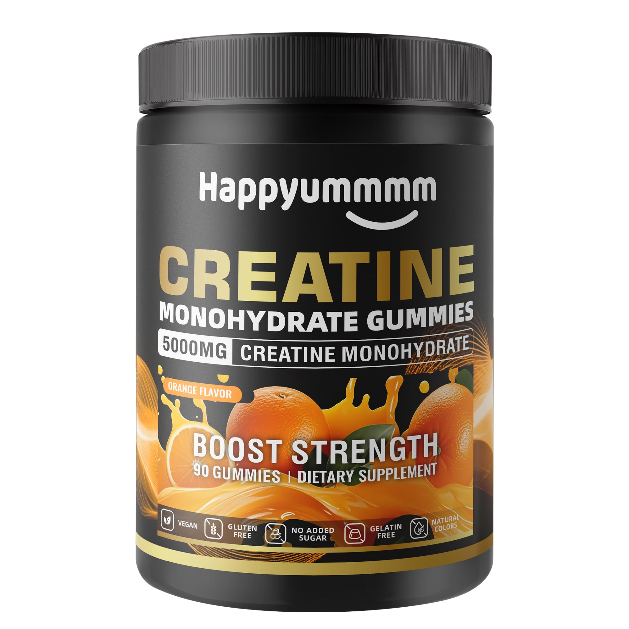 Happyummmm Creatine Gummies orange bottle front for on-the-go supplementation