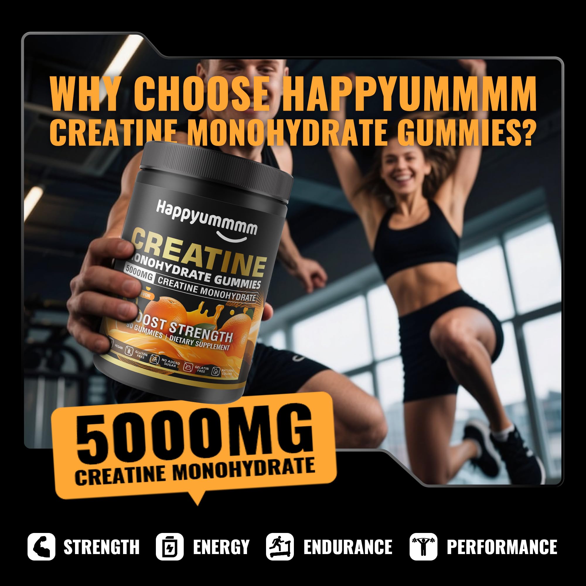 Happyummmm Creatine Gummies orange bottle side showing label
