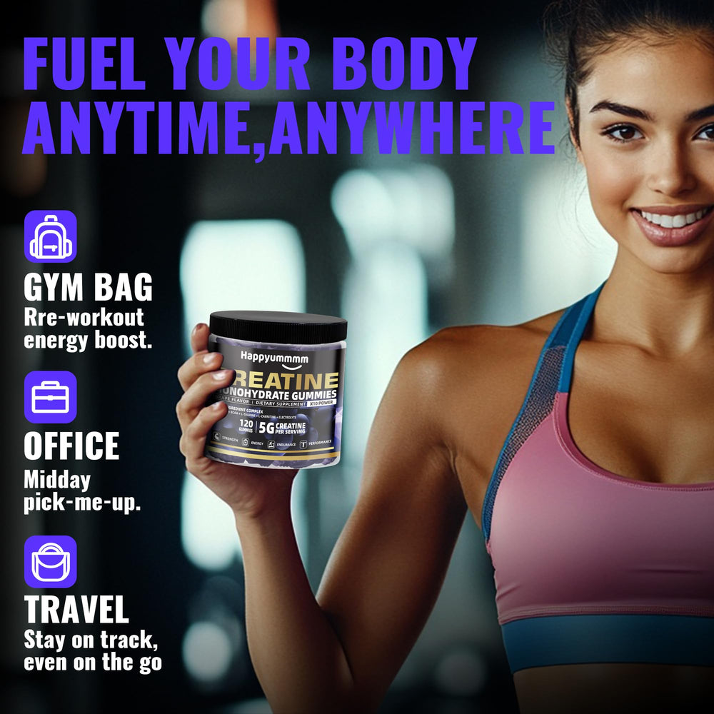 Happyummmm creatine gummies workout scene demonstrates practical daily performance support.