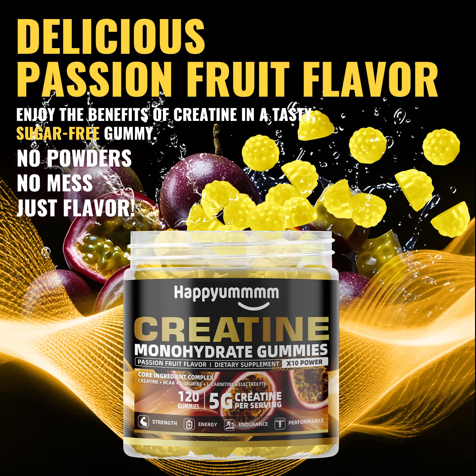 Happyummmm Gummy label showing vegan, gluten-free, and non-GMO ingredients