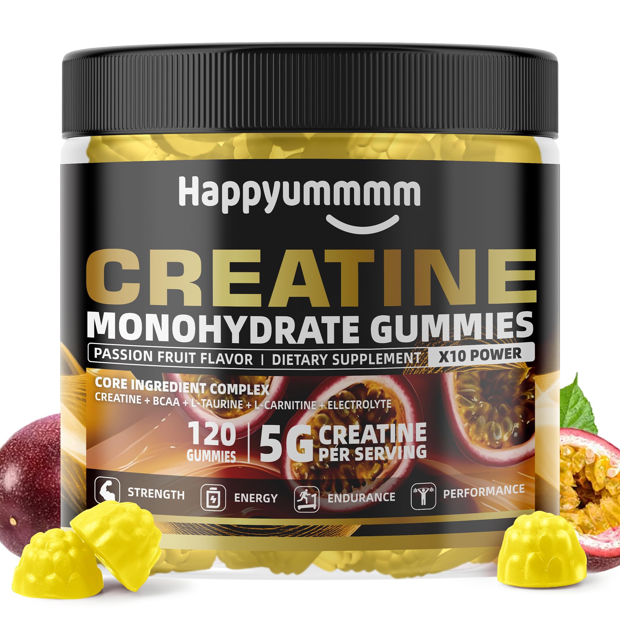 Happyummmm Creatine Gummy packaging with passion fruit flavor and 5g dose for workouts