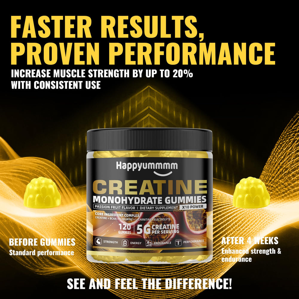 Nutrition facts panel of Happyummmm Gummy showing 5g creatine per gummy