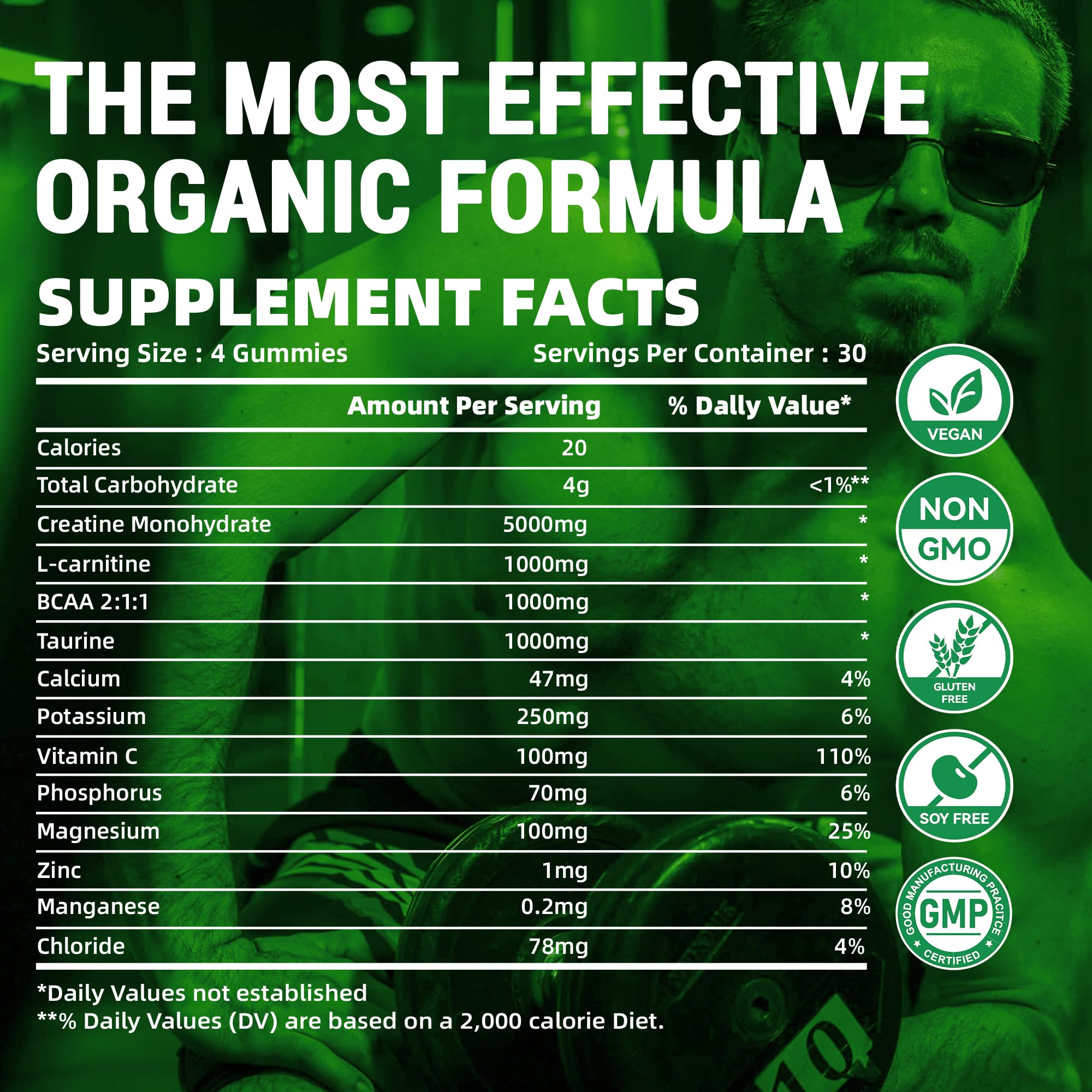 Happyummmm creatine gummy apple bottle label highlighting vegan, gluten-free ingredients.