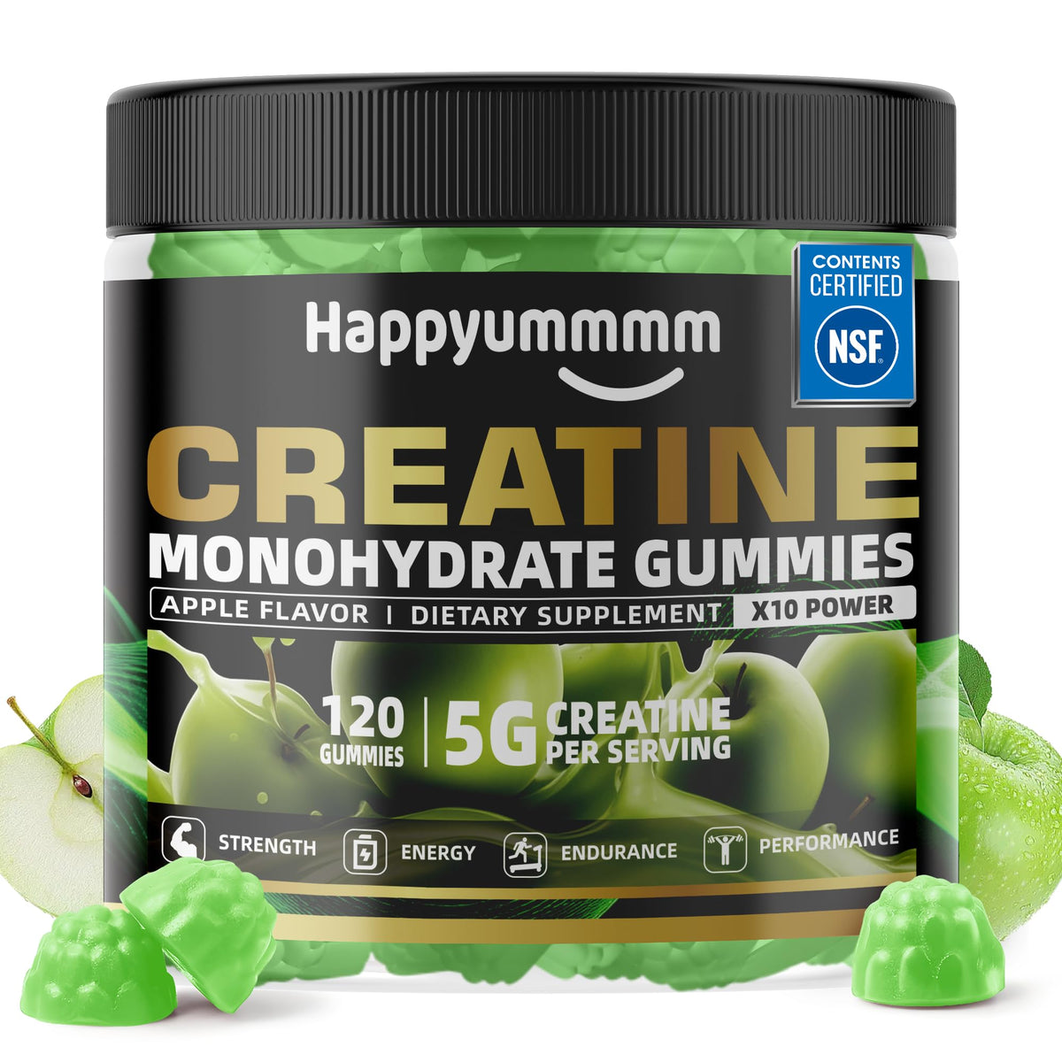 Happyummmm creatine gummy apple bottle for on-the-go focus and endurance.