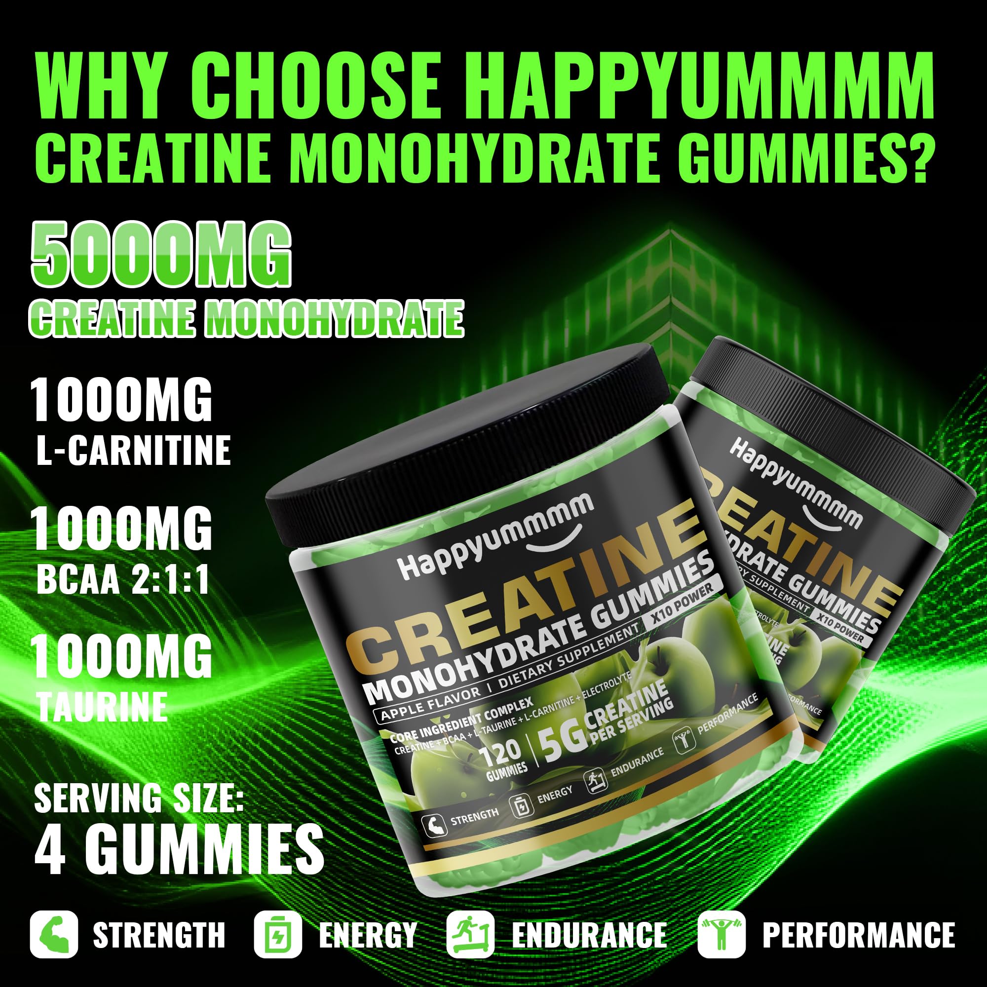Happyummmm creatine gummy apple gummies closeup showing convenient daily performance support.