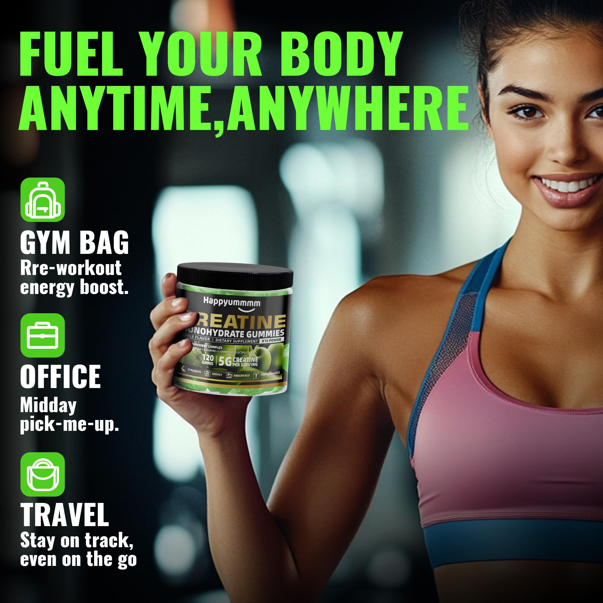 Happyummmm creatine gummy apple packaged display for gym and everyday use.