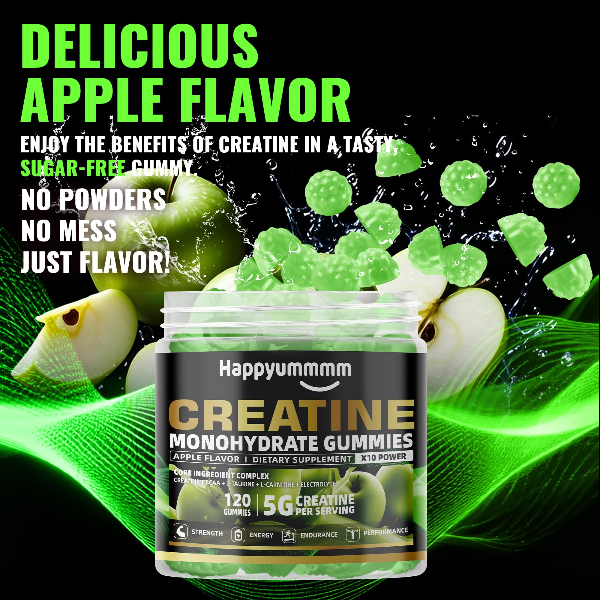 Happyummmm creatine gummy apple texture close-up with bright flavor.