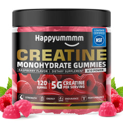 Happyummmm Creatine Gummy bottle front showing 5g dose for daily use.
