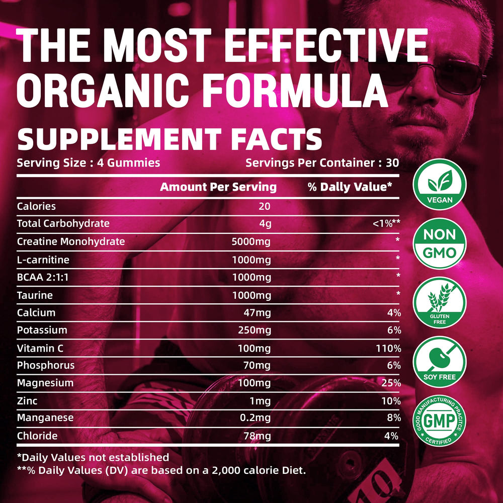 Happyummmm Creatine Gummy bottle full label highlighting 5 g per serving.