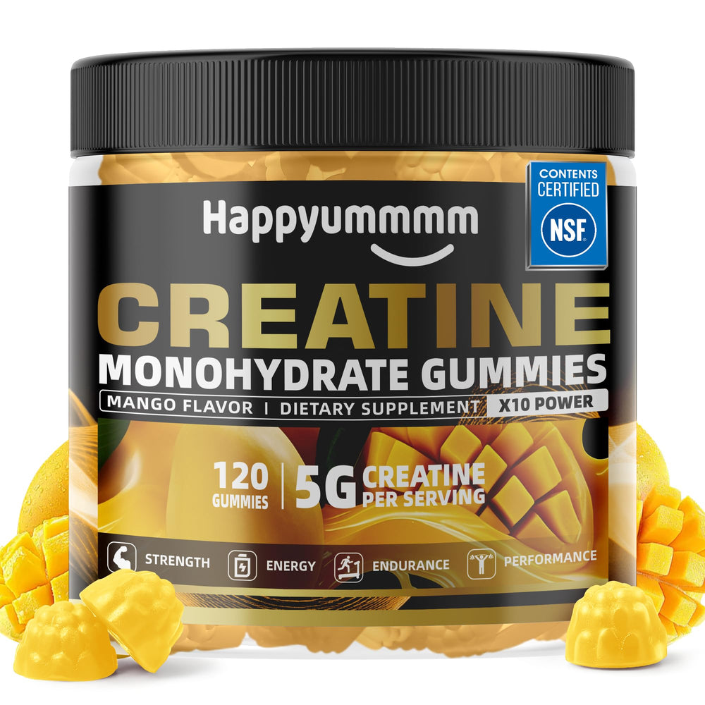 Happyummmm mango creatine gummy bottle for convenient workout support.