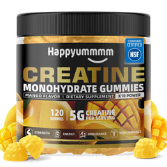 Happyummmm mango creatine gummy bottle for convenient workout support.