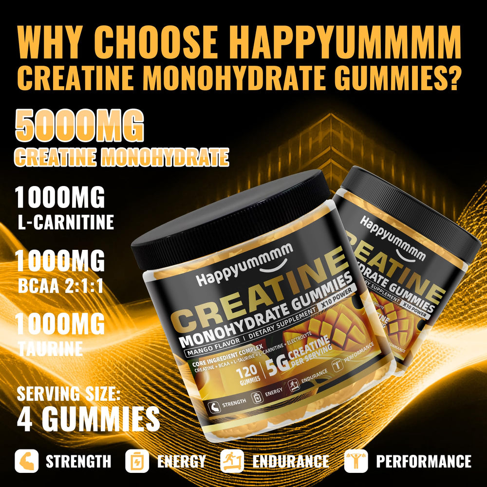 Serving close-up of Happyummmm gummies highlighting focus and endurance potential.