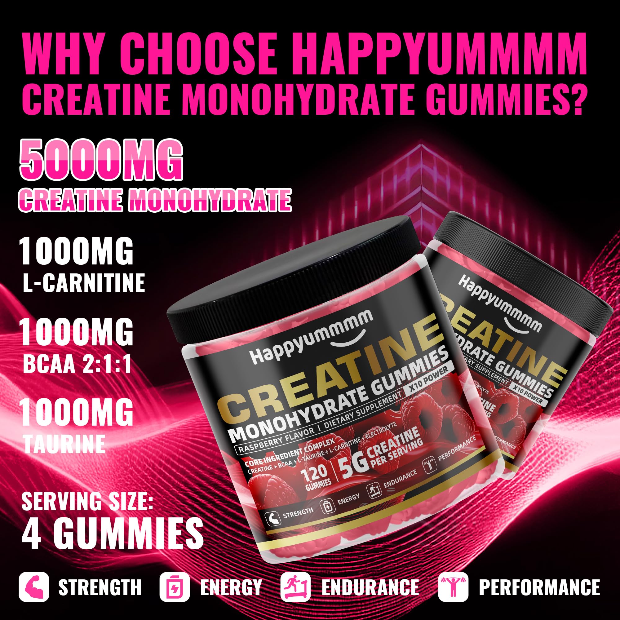 Happyummmm Creatine Gummy raspberry close-up highlighting flavor and versatility.