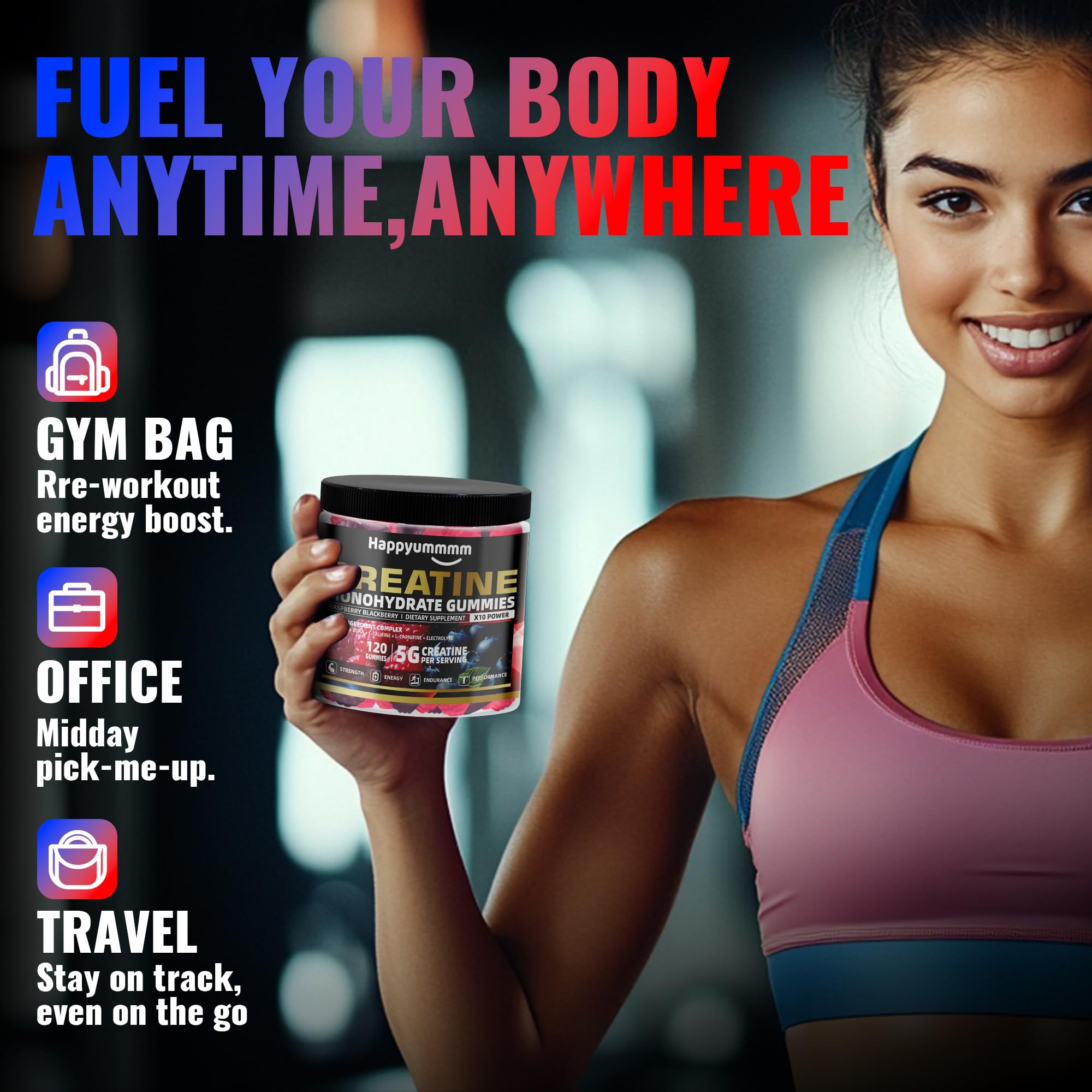 Serving scene with four gummies totaling 5g creatine