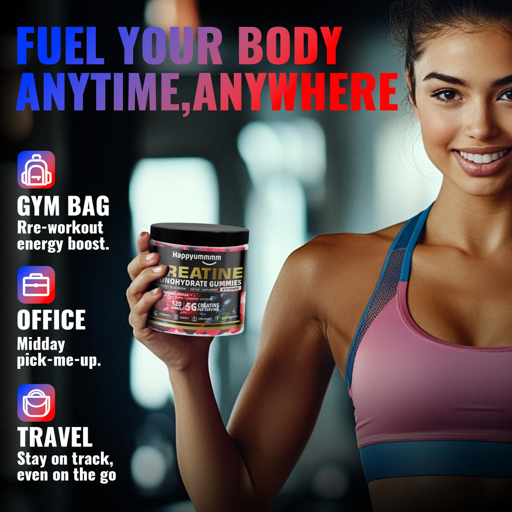 Serving scene with four gummies totaling 5g creatine
