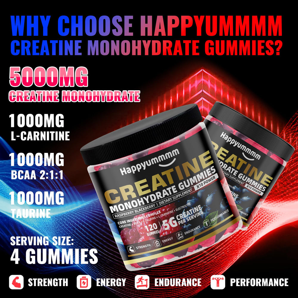 Close-up of Happyummmm gummies highlighting chewy texture and creatine content