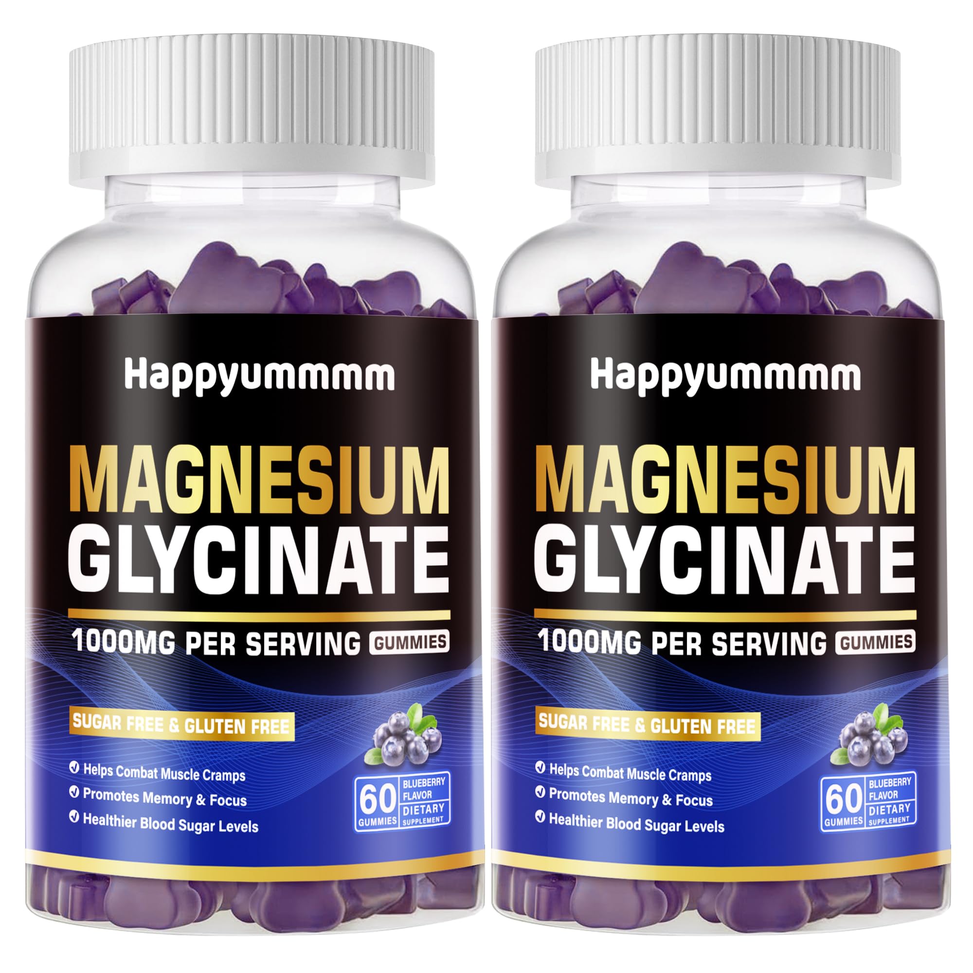 Happyummmm Magnesium Glycinate Gummies Blueberry bottle for daily support and convenient, sugar-free wellness.