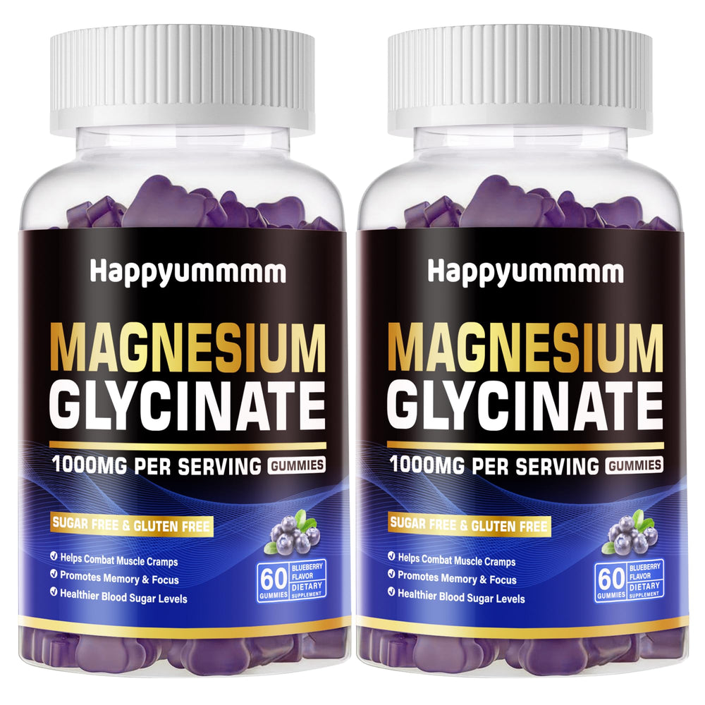 Happyummmm Magnesium Glycinate Gummies Blueberry bottle for daily support and convenient, sugar-free wellness.