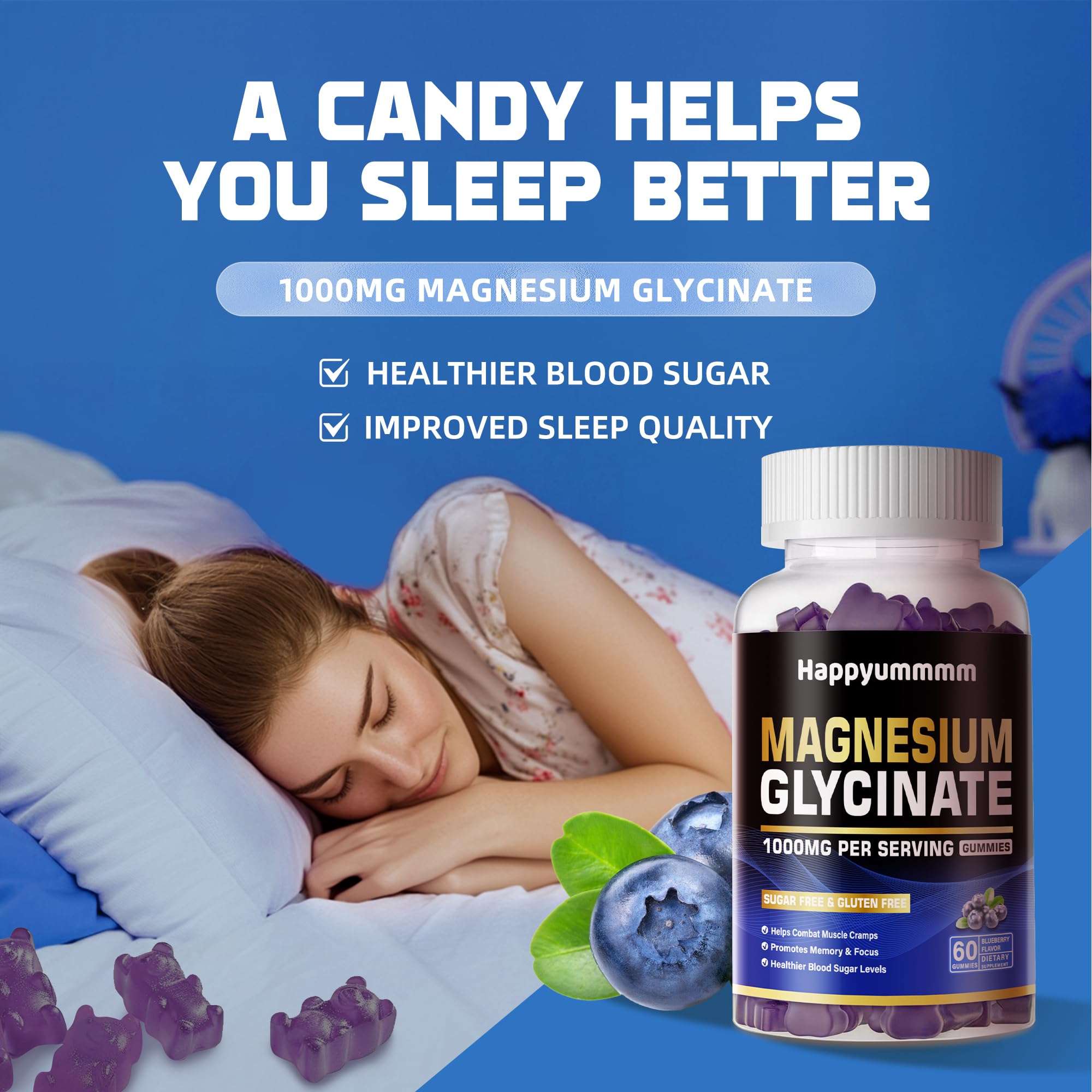 Happyummmm Magnesium Glycinate Gummies Blueberry kitchen scene suggests simple daily routines.