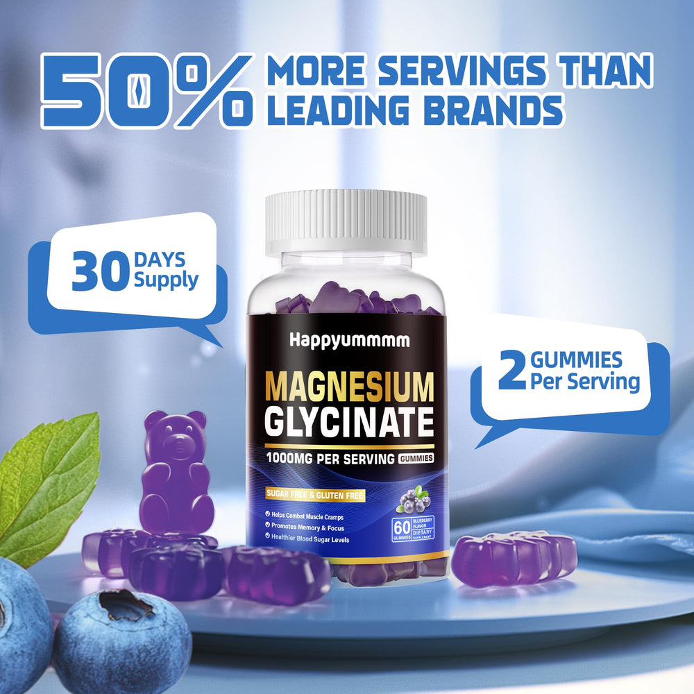 Happyummmm Magnesium Glycinate Gummies Blueberry packaging emphasizes sugar-free, vegan formula.