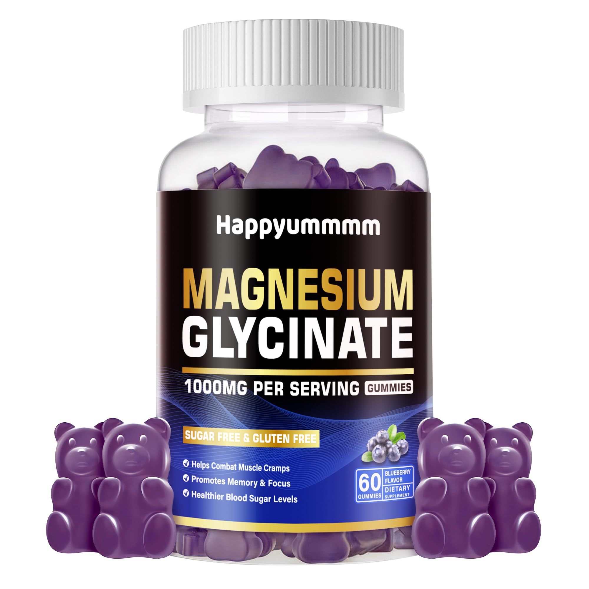 Happyummmm magnesium glycinate gummies bottle with blueberry flavor for daily calm mood support