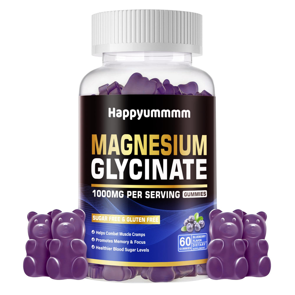 Happyummmm magnesium glycinate gummies bottle with blueberry flavor for daily calm mood support