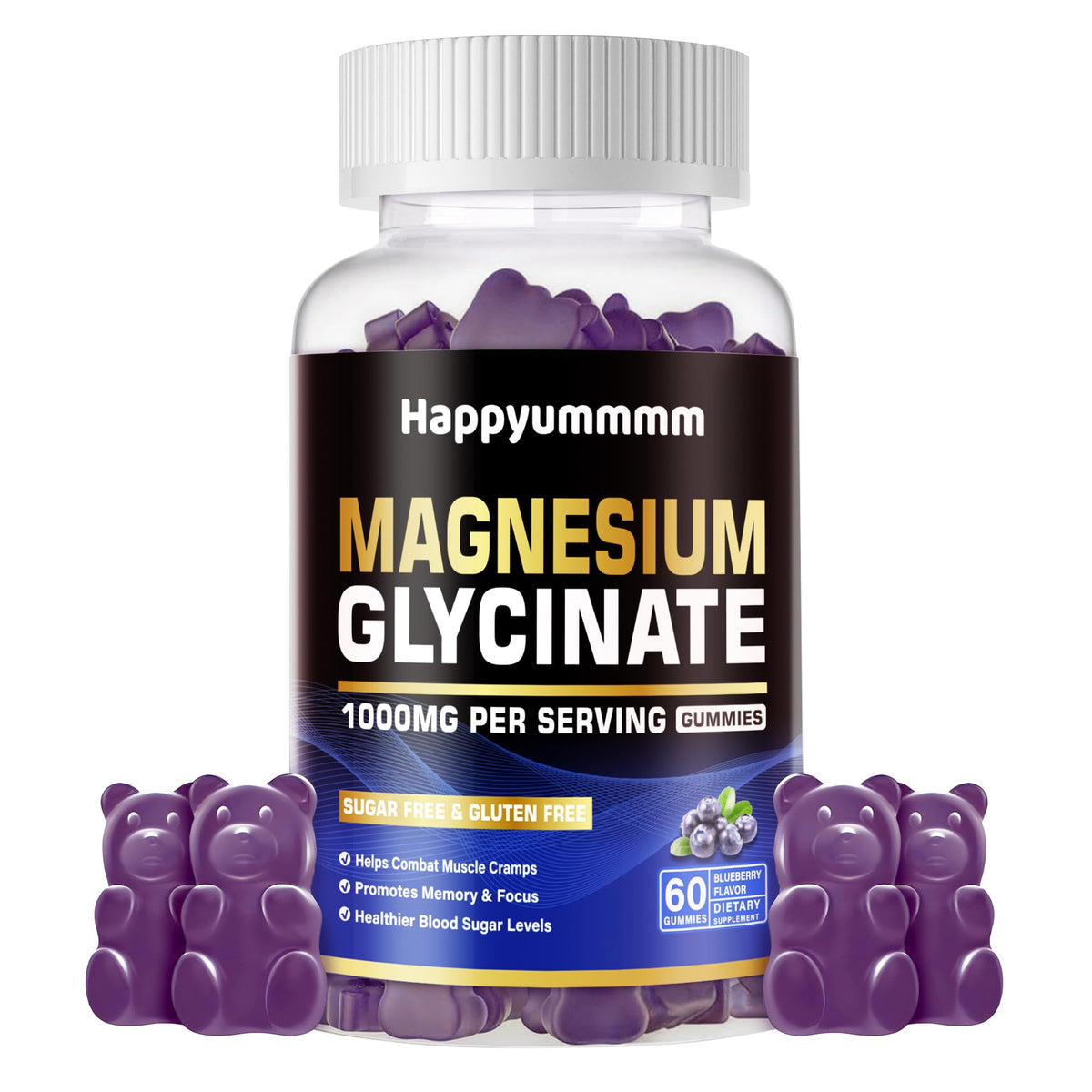 Happyummmm magnesium glycinate gummies bottle with blueberry flavor for daily calm mood support