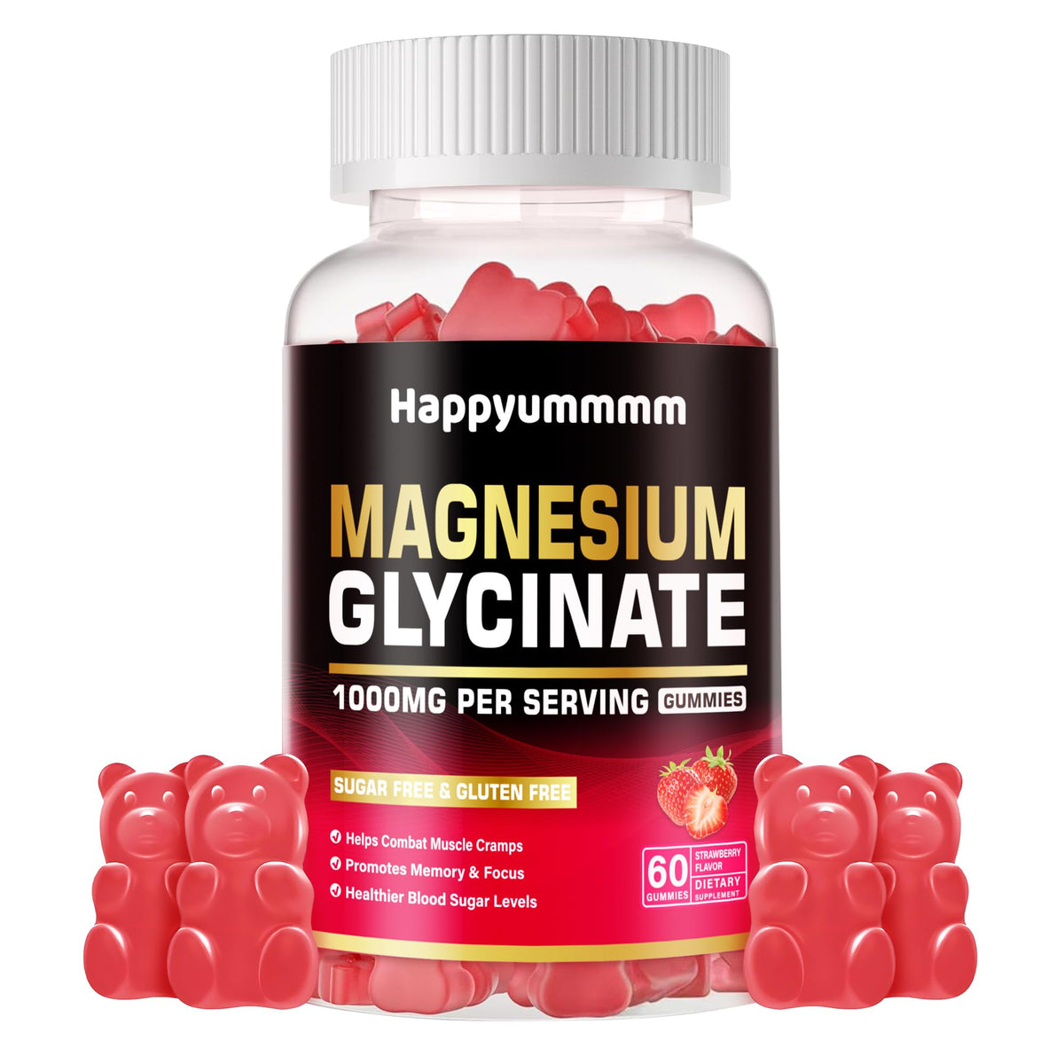 Happyummmm Magnesium Glycinate Gummies bottle for convenient daily calm and sleep support.