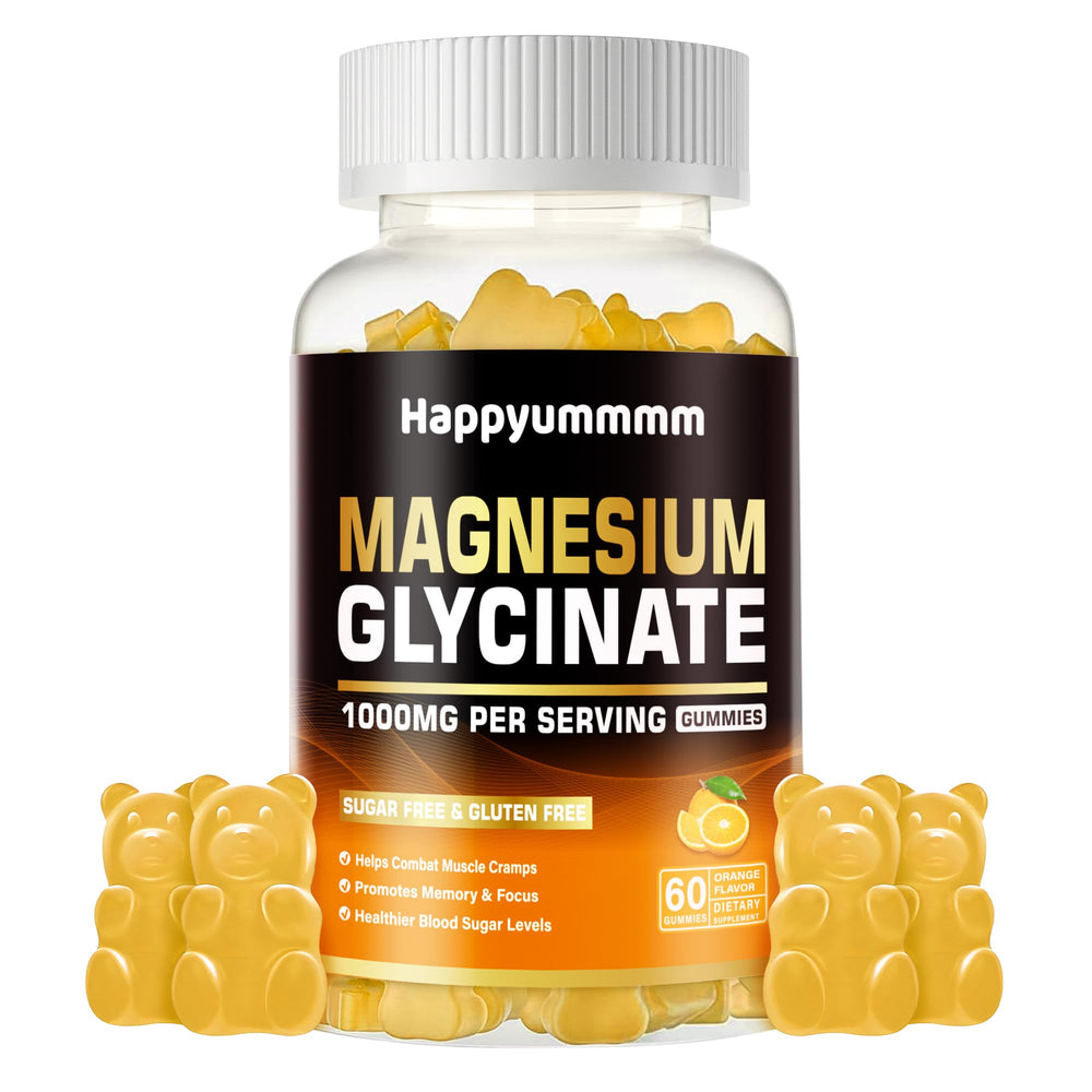 Happyummmm magnesium glycinate gummies bottle showing 1000mg for daily calm