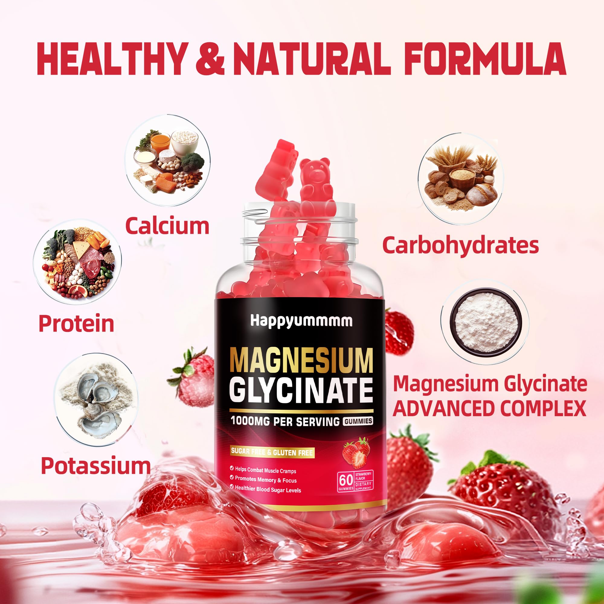 Happyummmm Magnesium Glycinate Gummies closeup shows chewy texture and strawberry flavor for easy daily use.