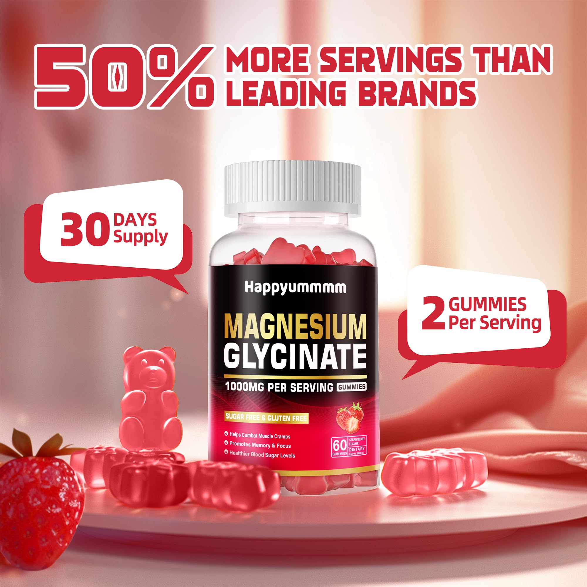 Happyummmm Magnesium Glycinate Gummies with D, B6, CoQ10 icons imply comprehensive mineral support.