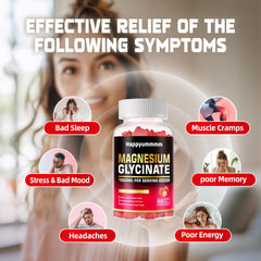 Happyummmm Magnesium Glycinate Gummies ingredients panel highlights vitamins D, B6, and CoQ10 for balance.