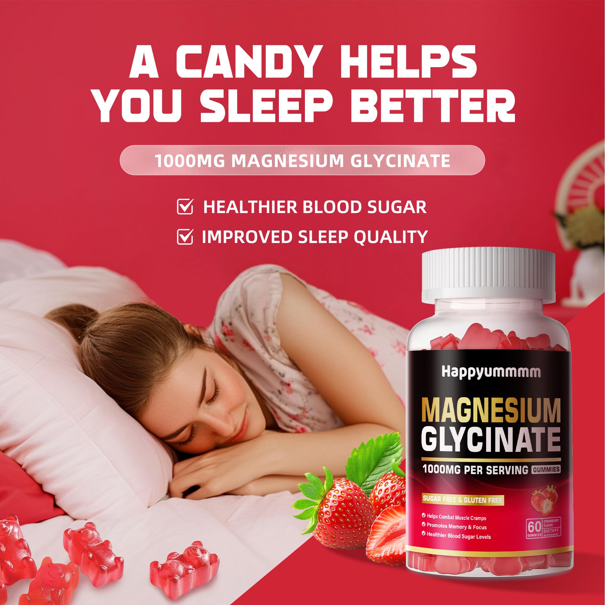 Happyummmm Magnesium Glycinate Gummies sugar-free icon communicates a sugar-conscious snacking option.