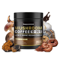 Happyummmm mushroom coffee packaging for daily energy.