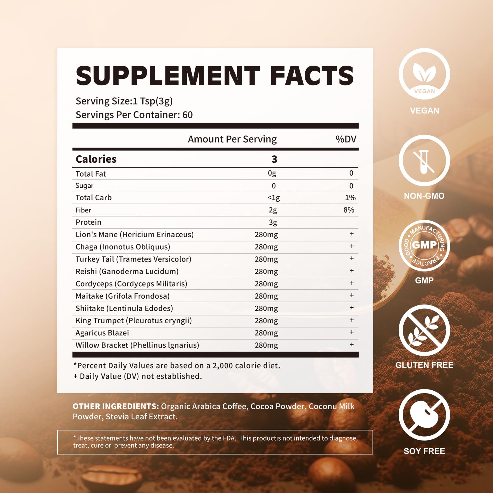Happyummmm mushroom coffee label with Lion’s Mane and Cordyceps.