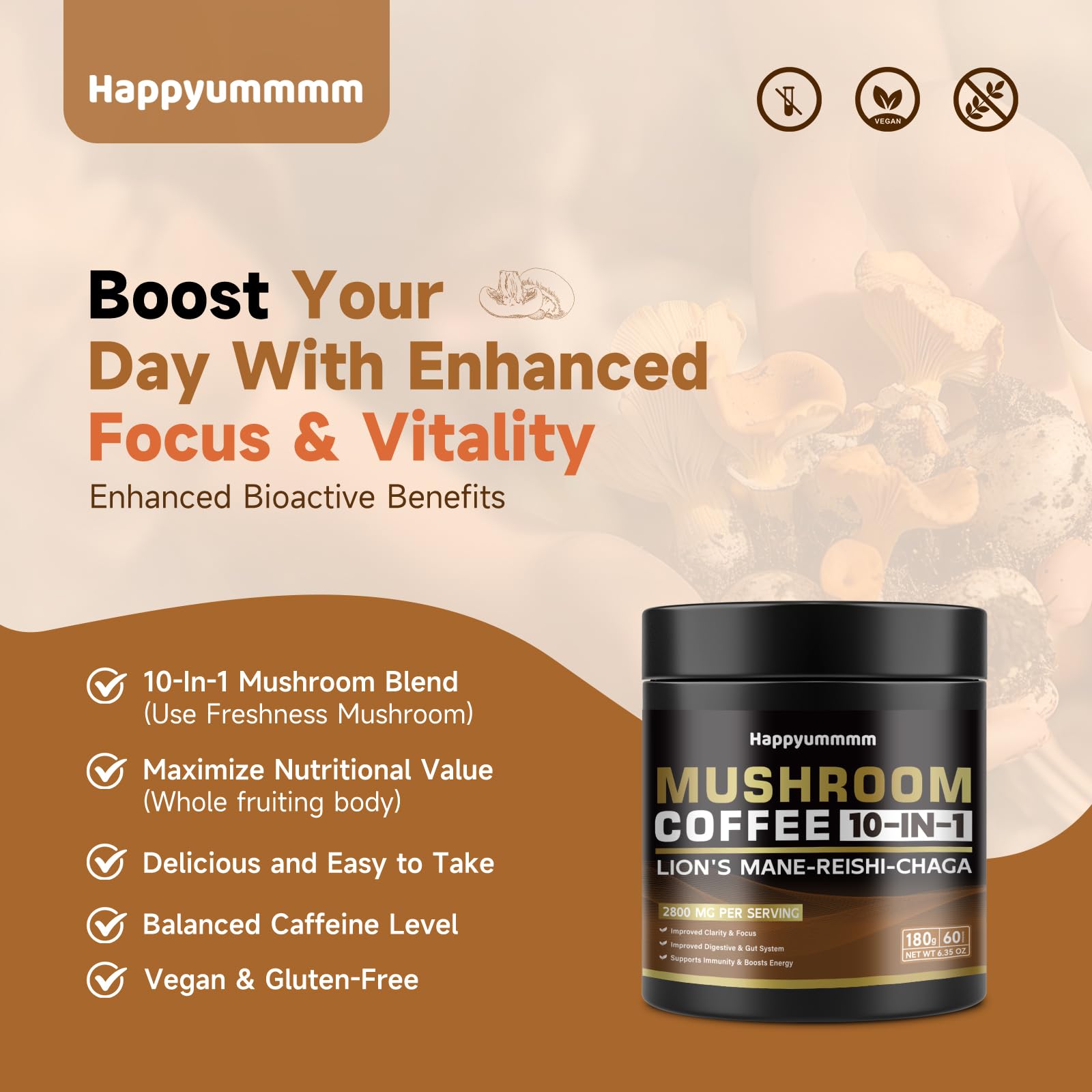 Happyummmm nutrition panel highlights beta-D-glucans and mushroom variety.