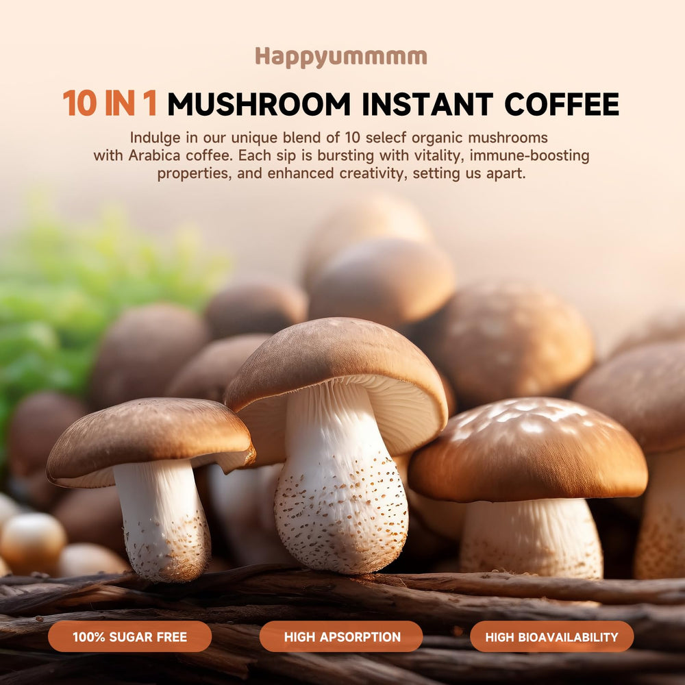 Happyummmm mushroom powder close-up with cocoa and coconut.