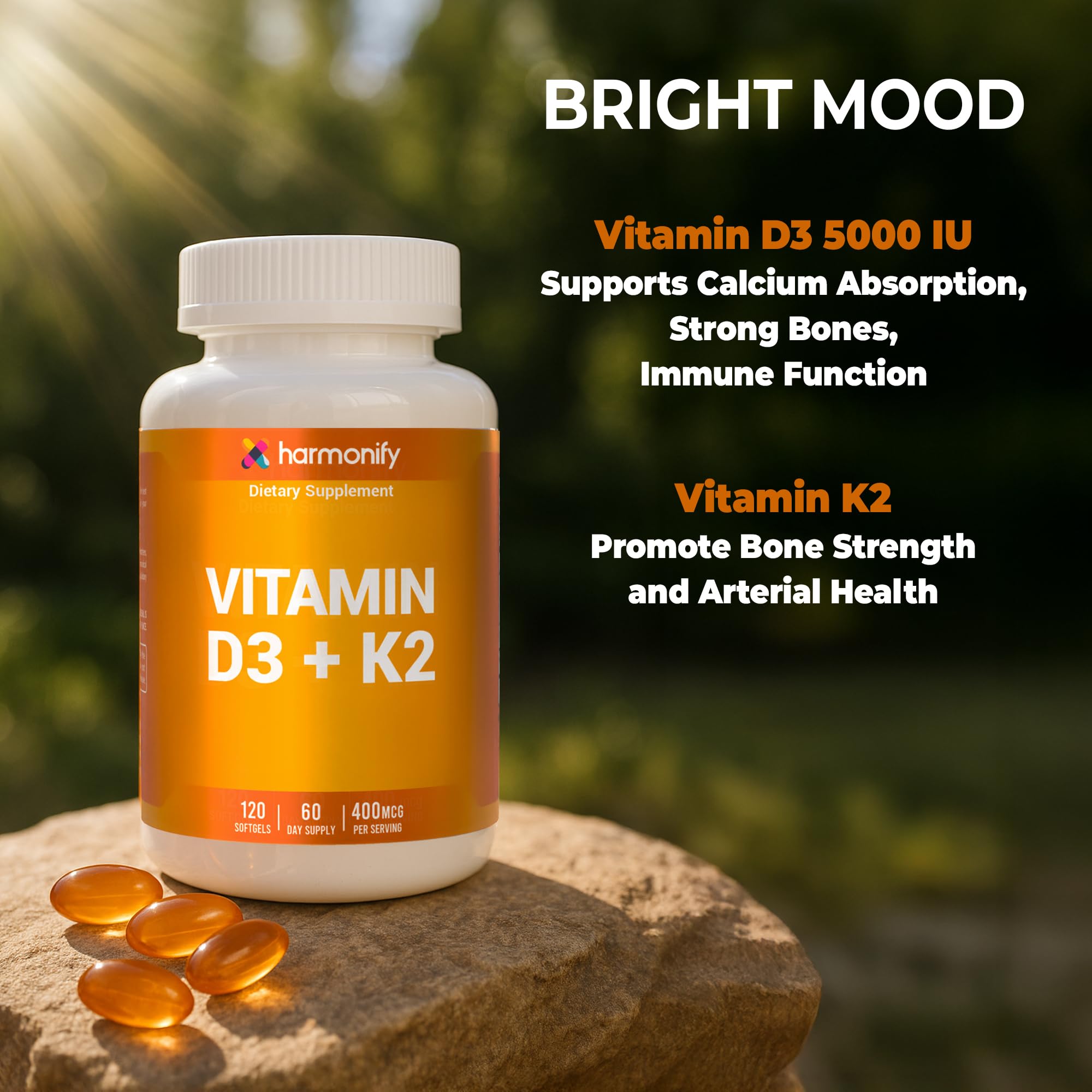 HARMONIFY softgels closeup shows easy-to-swallow capsules for daily use.