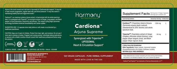 Harmony Nutraceuticals Arjuna Supreme bottle-back with ingredients and usage details