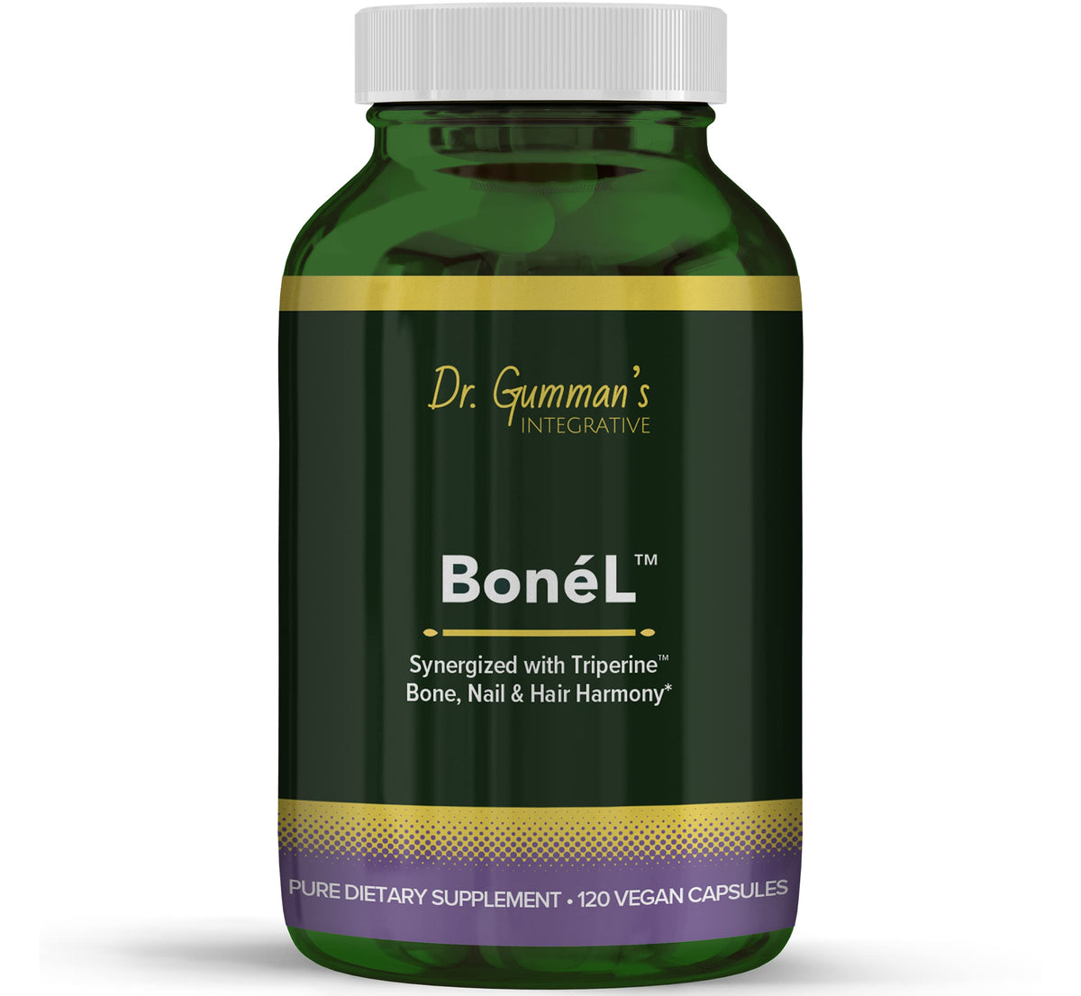 Harmony Bone’L bottle with 120 vegetarian capsules supports bone, nail, and hair health.